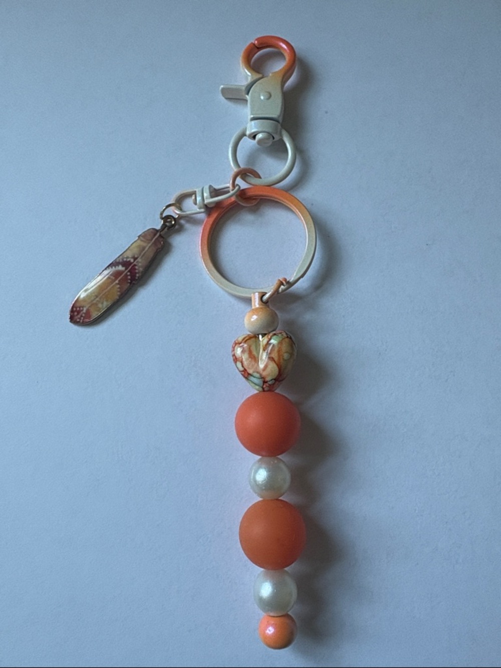 Beaded Heart Keychain in Orange and Cream